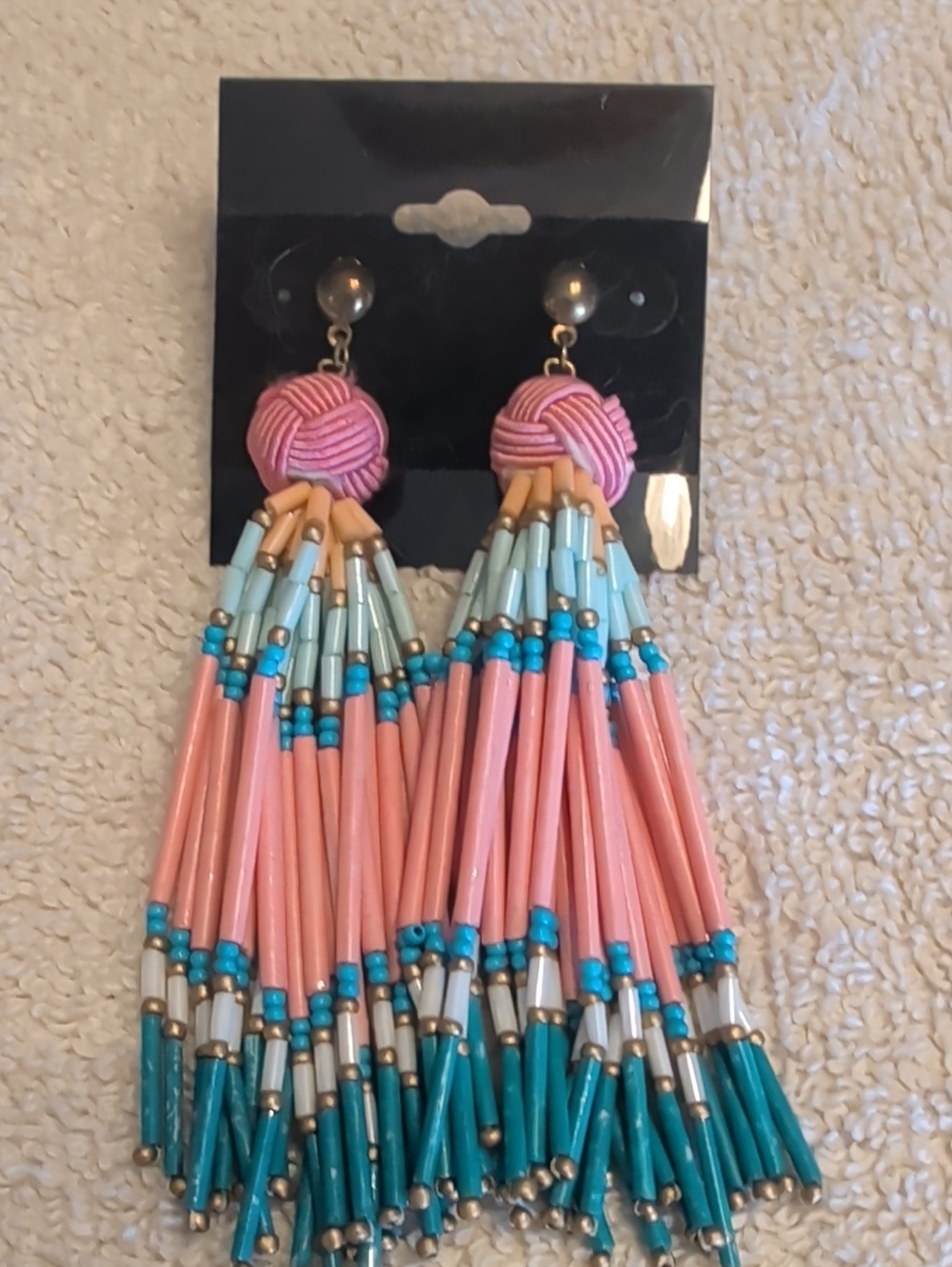 Pink and Teal Beaded Tassel Drop Earrings - Women Accessories